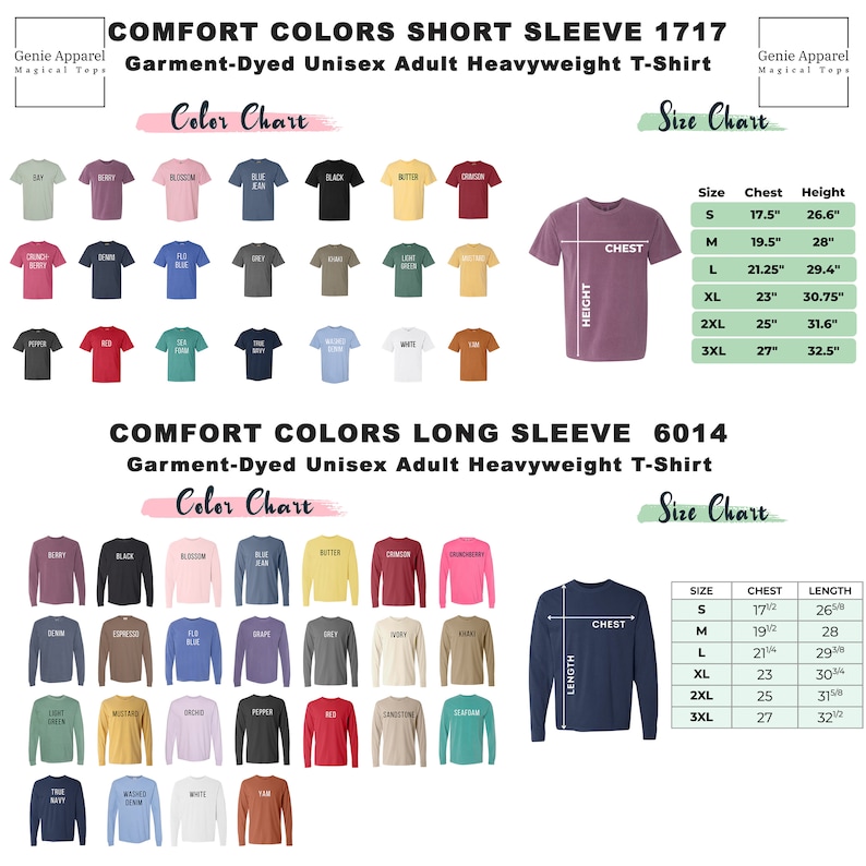 a chart of different colors and sizes of shirts
