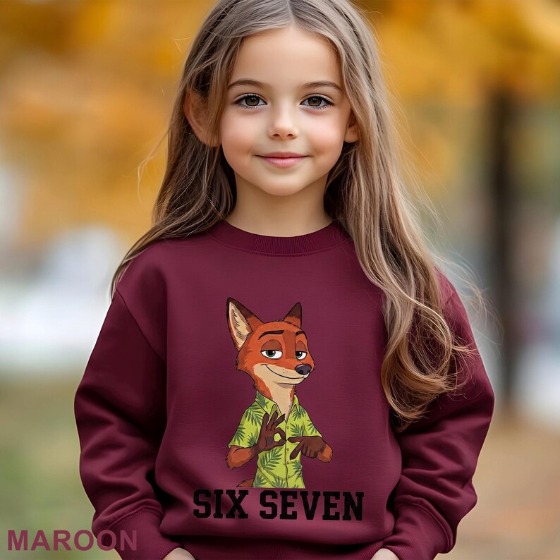 A young girl wearing a maroon sweater with a cartoon image of a fox character and the text "SIX SEVEN" printed on it.