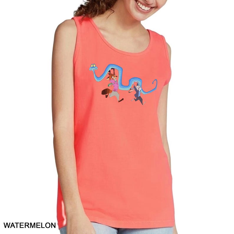 A woman wearing a red tank top with a cartoon character design on it.
