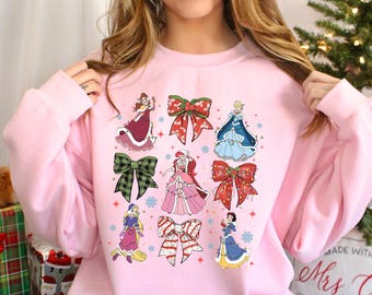 Disney Princess Coquette Bows Christmas Sweatshirt, Disney Princess Belle Cinderella Ariel Snow White Rapunzel Christmas Hoodie, 153760