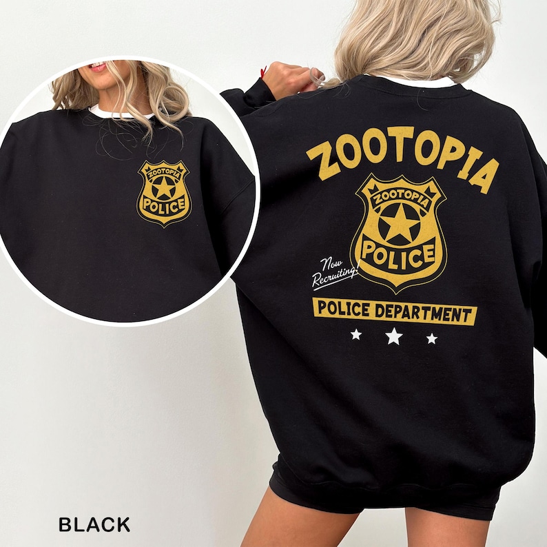 A black sweatshirt with the text "Zootopia Police Department" printed on it, along with a police badge emblem.