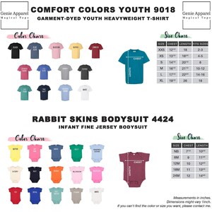 The image is a collection of colorful t-shirts and a baby onesie, each with a specific size chart and color chart. The t-shirts are labeled as comfortable colors for youth, and the baby onesie is a rabbit skins bodysuite. The image provides measurements in inches for each item, and there is a note that if the color or size is not found, the customer should contact the seller.