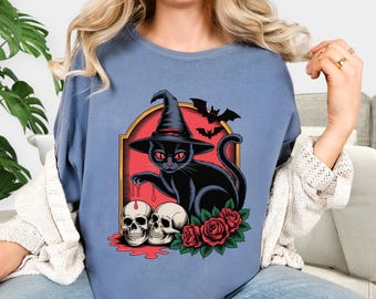 Halloween Gothic Black Cat Shirt, Trick or Treat Spooky Kitty Tshirt, Witchy Kitten Graphic Tee