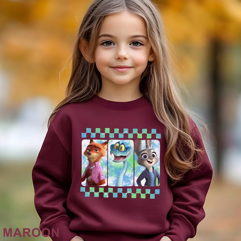 A young girl wearing a maroon sweater with a graphic of cartoon animal characters on it.