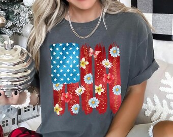 Floral American Flag Shirt, Comfort Colors, 4th Of July Women Shirt, Patriotic Independence Day Shirt, Fourth Of July USA Shirt 155554
