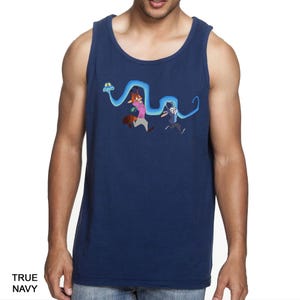 A man wearing a navy blue tank top with a cartoon character design printed on it.
