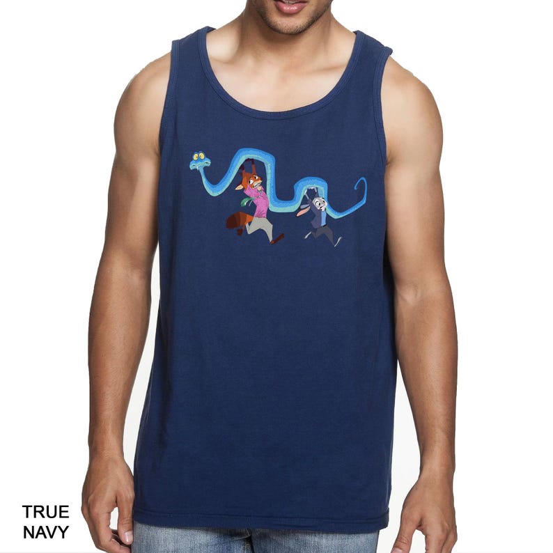 A man wearing a navy blue tank top with a cartoon character design printed on it.
