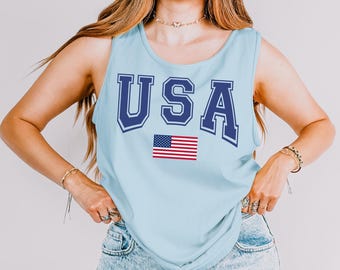 Varsity USA Flag Tank Top, Comfort Colors Tank Top, Independence Day, Proud USA Tank Top, Patriotic America Tank Top, Labor Day Tank 153272