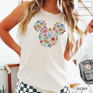 Camiseta sin mangas con estampado floral de Mickey Mouse de Disney, Camiseta sin mangas Comfort Colors, Camiseta sin mangas con la cabeza de Mickey Mouse, Camiseta sin mangas de Mickey Mouse de Disney, Camiseta sin mangas de la familia Disney, 151186