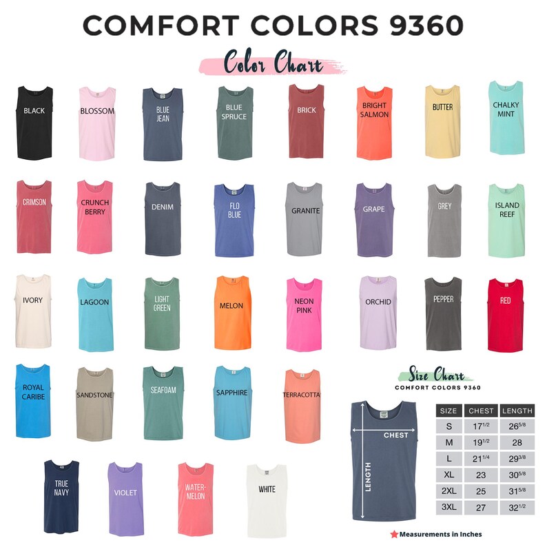 The image is a color chart displaying various comfort colors, including black, pink, blue, red, and green, along with their corresponding names. The chart also includes a size chart for different chest measurements, such as M, L, XL, and XXL.
