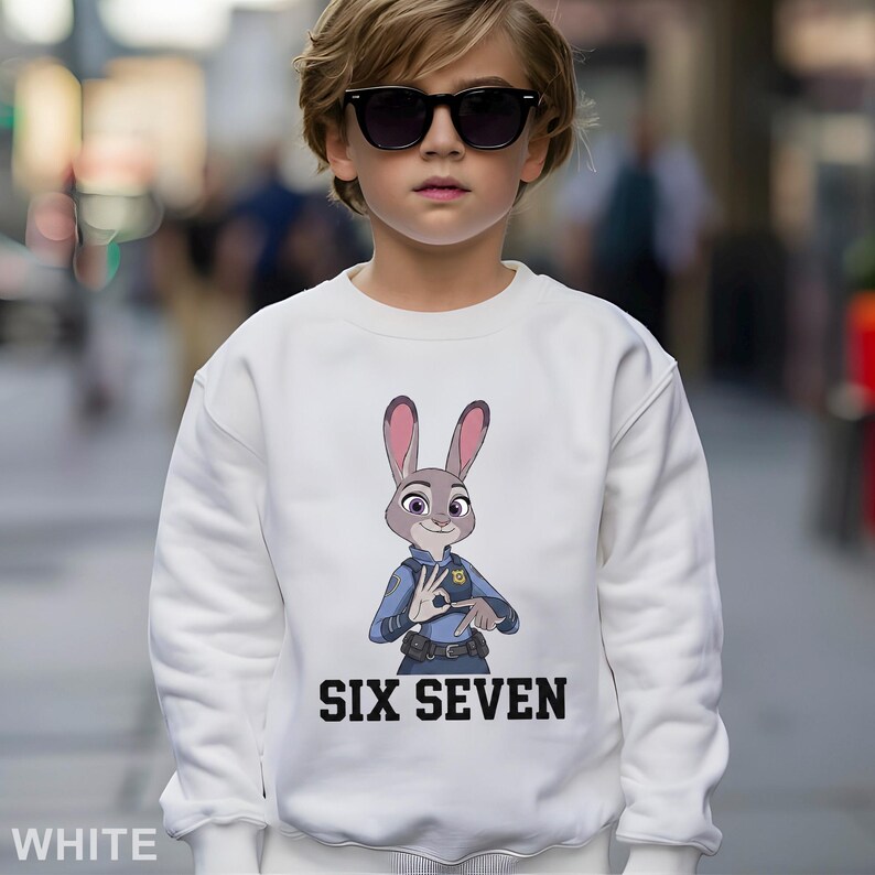 A young boy wearing a white sweatshirt with a cartoon rabbit character and the text "SIX SEVEN" printed on it.