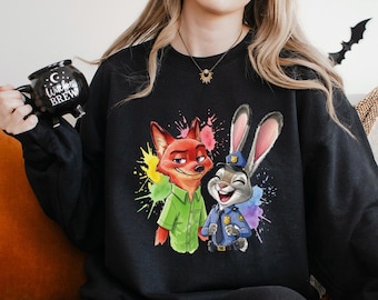 Disney Zootopia Characters Sweatshirt, Nick Wilde Judy Hopps Sweatshirt, Disney Family Trip Hoodie, Zootopia Watercolor Crewneck 154171