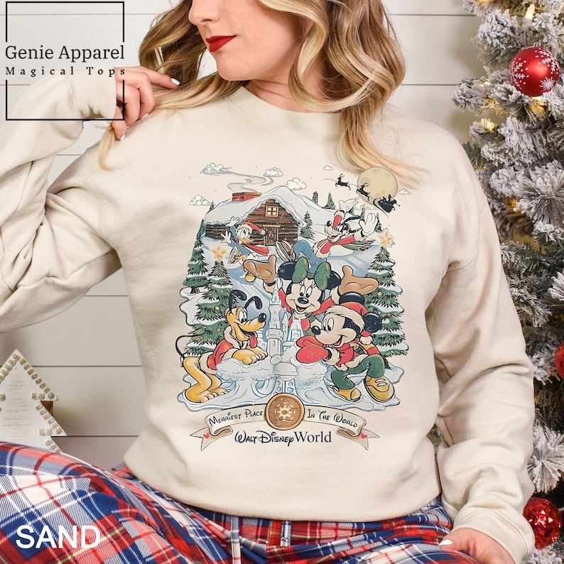 a woman wearing a mickey mouse christmas sweater