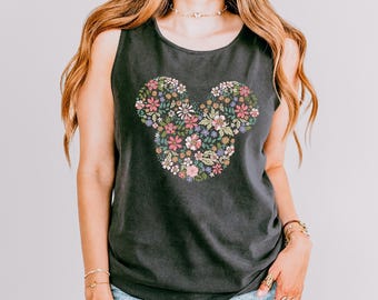 Camiseta sin mangas con estampado floral de Mickey Mouse de Disney, Camiseta sin mangas Comfort Colors, Camiseta sin mangas con la cabeza de Mickey Mouse, Camiseta sin mangas de Mickey Mouse de Disney, Camiseta sin mangas de la familia Disney, 151187
