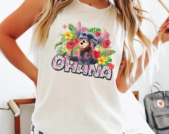 Floral Stitch Ohana Tank Top, Comfort Colors Tank Top, Kakamora and Stitch Shirt, Disney Stitch Tank Top, Cute Stitch Tank Top 153351