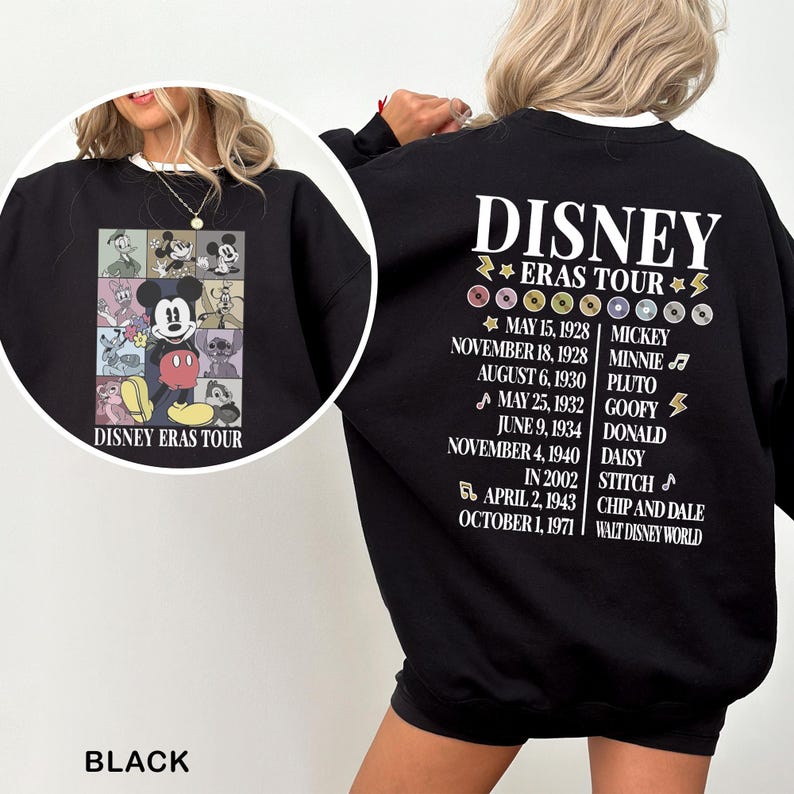 a woman wearing a black sweatshirt with a disney cast tour on it