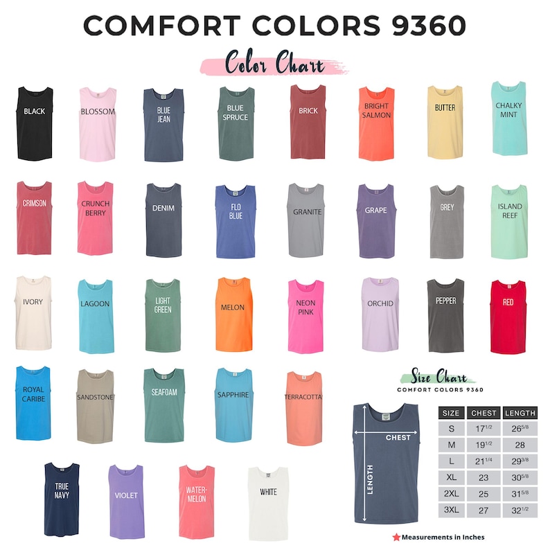 The image is a color chart displaying various comfort colors, including black, pink, blue, red, and green, along with their corresponding names. The chart also includes a size chart for different chest measurements, such as M, L, XL, and XXL.