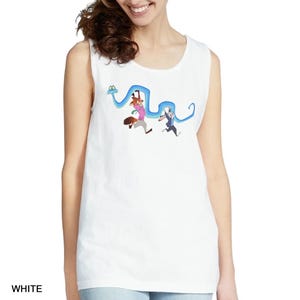 A woman wearing a white tank top with a cartoon character design on it.