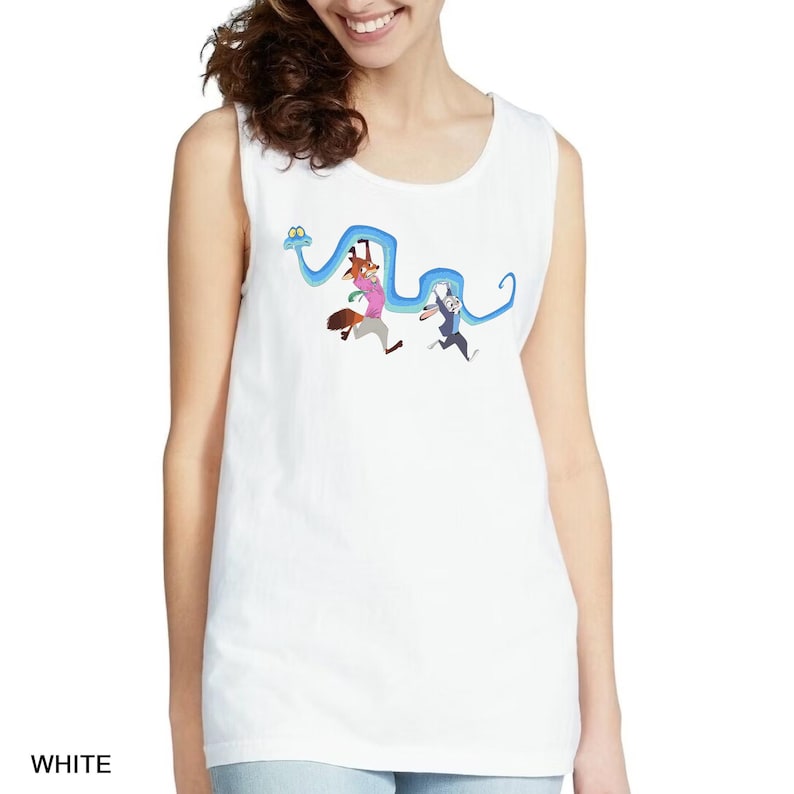 A woman wearing a white tank top with a cartoon character design on it.