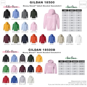 The image is a collage of various color charts and size charts for a heavy blend "Adult Hooded Sweatshirt" from the GILDA brand. The charts display different color options and corresponding sizes for the hooded sweatshirt, including black, blue, green, orange, red, royal, maroon, navy, and sport grey. The charts also provide measurements in inches, chest, length, and fit sizes for each color option and size category.