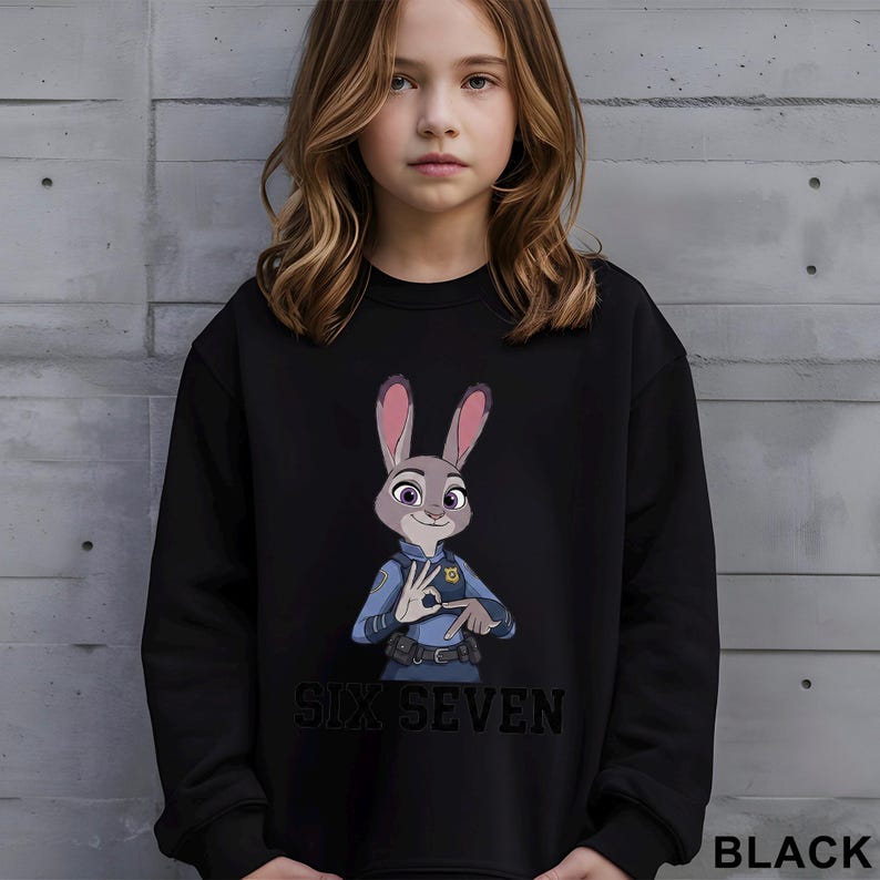 A young girl wearing a black sweatshirt with a cartoon rabbit character and the text "SIX SEVEN" printed on it.