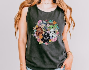 Floral Star Wars Tank Top, Comfort Colors Tank Top, Darth Vader Stormtrooper Chewbacca Grogu R2-D2 Tank Top, Star Wars Tank Top, 152693