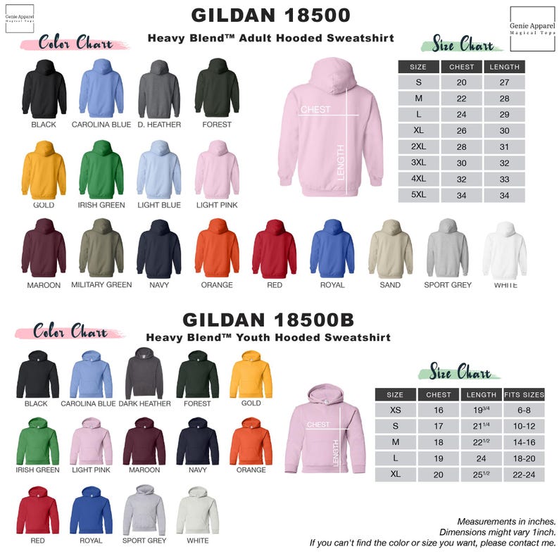 The image is a collage of various color charts and size charts for a heavy blend "Adult Hooded Sweatshirt" from the GILDA brand. The charts display different color options and corresponding sizes for the hooded sweatshirt, including black, blue, green, orange, red, royal, maroon, navy, and sport grey. The charts also provide measurements in inches, chest, length, and fit sizes for each color option and size category.