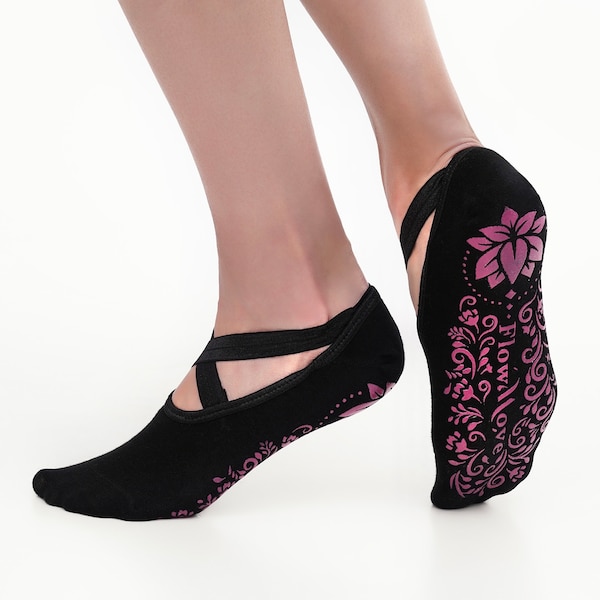 FlowMove Women's Non Slip Ballerina Socks with Straps and Grips, Ideal for Barre, Pilates, Dances, Yoga, Stretching, Barefoot Activities