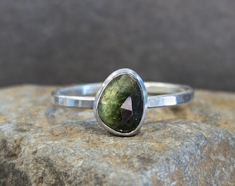 Two Tone Tourmaline Ring, Rose Cut, Dark to Light Green Bicolor, Sterling Silver, Size 8