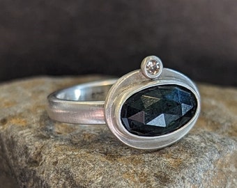 Dark Blue Tourmaline and Diamond Ring, Faceted Indicolite Tourmaline, Sterling Silver, Size 8.5