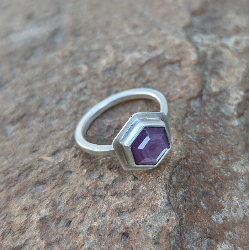 Silky Sheen Pink Sapphire Hexagon Ring, Sterling Silver, Size 7 image 1