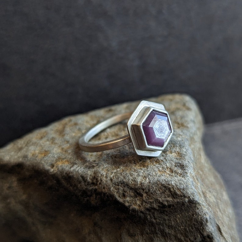 Silky Sheen Pink Sapphire Hexagon Ring, Sterling Silver, Size 7 image 4