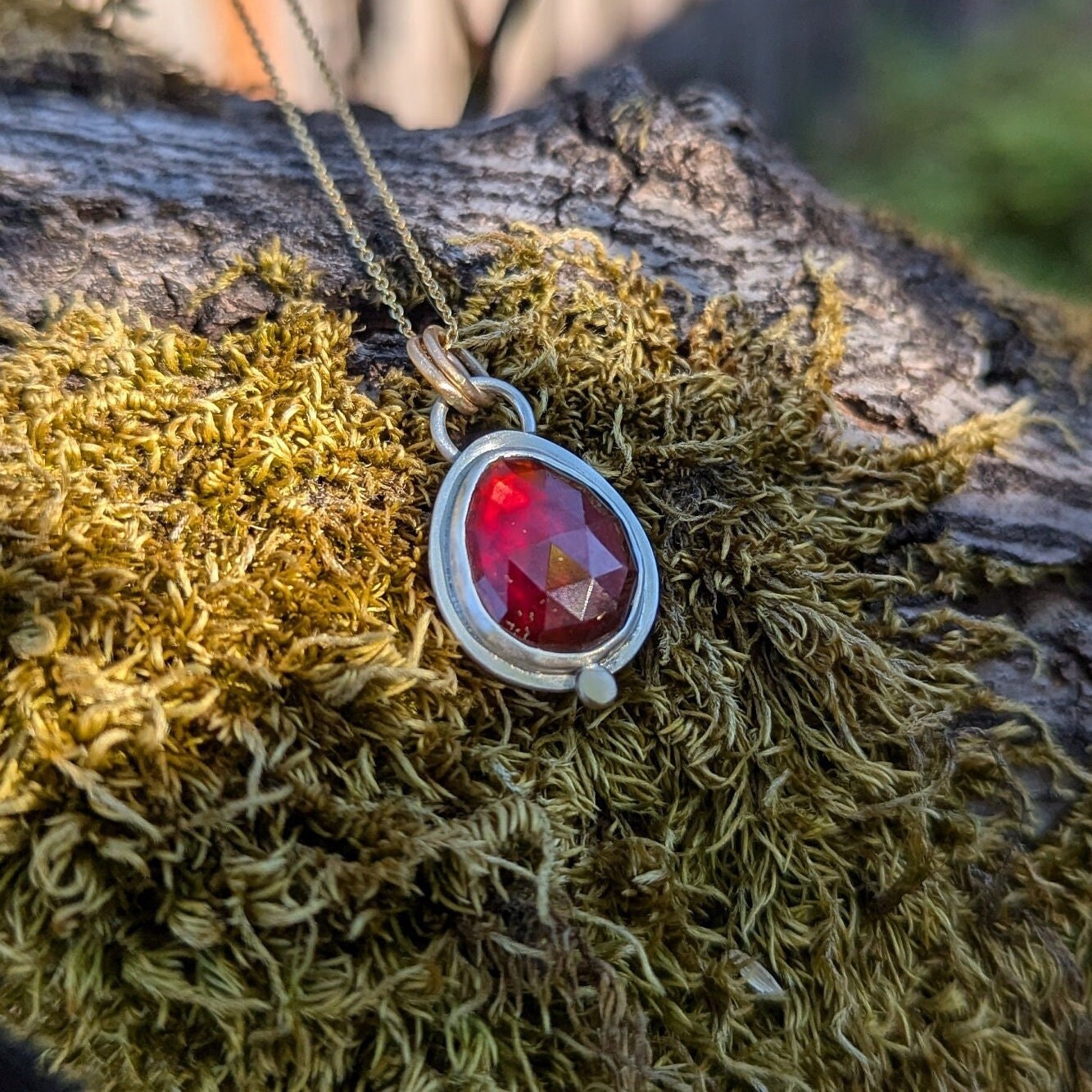 Garnet Necklace Natural Rose Cut Hessonite Garnet Necklace Handmade Sterling Silver pendant with 18 chain