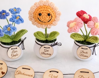 Mini Handmade Blume Topfpflanze, kleines Geschenk Mama zum Muttertag, Schreibtisch Deko, Sonnenblume, postive Affirmation