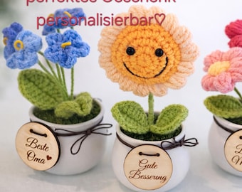 Personalisierte gehäkelte Blume im Topf, kleines Geschenk, Mitbringsel, Geschenk für Mama, Danke Geschenk, Häkelblume, Handmade Flower Gift