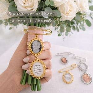 Brautstrauß Anhänger Foto personalisiert – Memorial Hochzeitsstrauß Gedenken – Erinnerung Medaillon Hochzeit – Brosche Spruch Gold Silber
