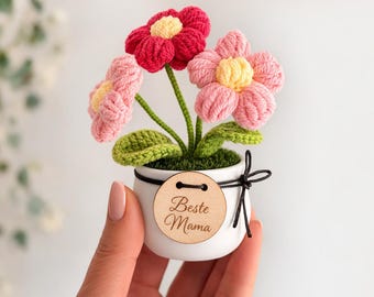 Personalisierte gehäkelte Blume im Topf, kleines Geschenk, Mitbringsel, Geschenk für Mama, Danke Geschenk, Häkelblume, Handmade Flower Gift