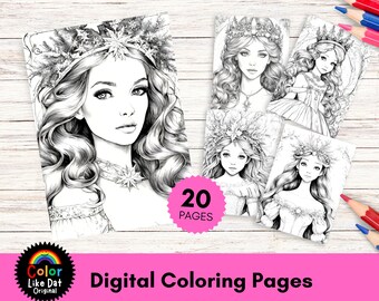Páginas para colorear de princesas navideñas encantadas, páginas para colorear navideñas para adultos y niños, escenas navideñas de invierno y princesas de hielo