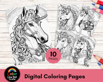Páginas para colorear de unicornios steampunk, páginas para colorear con temática de unicornios victorianos para adultos y niños, para aliviar el estrés, la ansiedad y la relajación