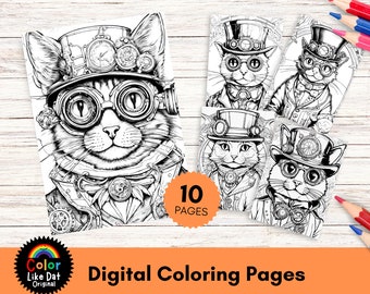 Páginas para colorear de gatos Steampunk, páginas para colorear con temática de gatitos victorianos para adultos y niños, para aliviar el estrés, la ansiedad y la relajación