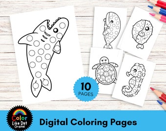 Páginas de libros para colorear con marcadores de puntos de animales marinos, para niños, niños pequeños, niños y niñas, colorea 10 ilustraciones en letra grande de animales del océano