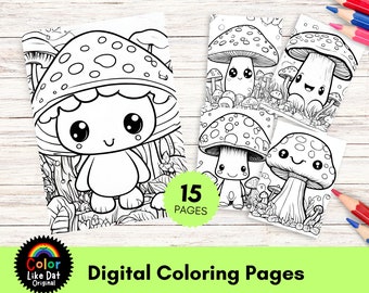 Páginas de libros para colorear de hongos Kawaii, para niños, 15 ilustraciones fáciles y simples en letra grande, hongos lindos, coloración de hongos florales