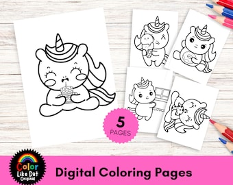 Páginas para colorear dibujadas a mano de postres de unicornio kawaii, páginas para colorear con temática de unicornios para niños pequeños, para aliviar el estrés, la ansiedad y la relajación