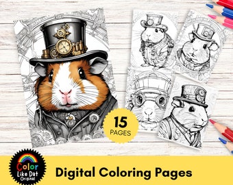 Páginas para colorear Steampunk Guinea Pig para adultos, adolescentes y niños 15 ilustraciones en escala de grises PDF, JPEG, PNG Descarga digital