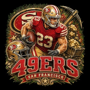 May include: A graphic illustration of a San Francisco 49ers football player wearing a red jersey with the number 23, a gold helmet, and black gloves. The design includes a pickaxe, a mine cart filled with gold rocks, and the text 49ERS SAN FRANCISCO.
