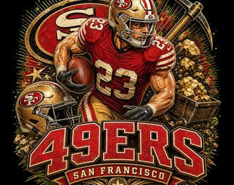 May include: A graphic illustration of a San Francisco 49ers football player wearing a red jersey with the number 23, a gold helmet, and black gloves. The design includes a pickaxe, a mine cart filled with gold rocks, and the text 49ERS SAN FRANCISCO.