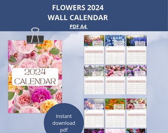 Calendrier mural fleurs imprimables 2024/ A4 PDF téléchargement numérique instantané