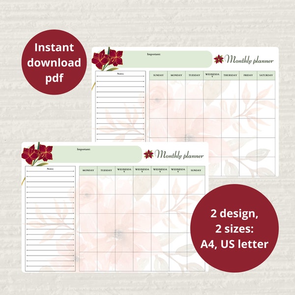 Elegant Printable Monthly Calendar | Flower Design | Room for Notes | landscape | undated