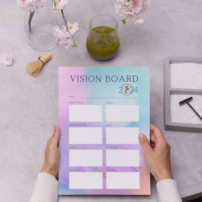 Printable Vision Board for New 2024 Years, Colorful, Pastel Design With