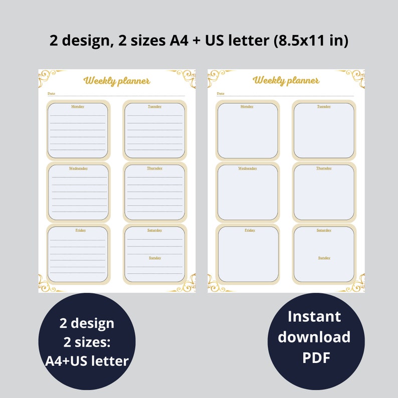Instant Download Weekly Planner elegant Gold and White Design 2 Options ...